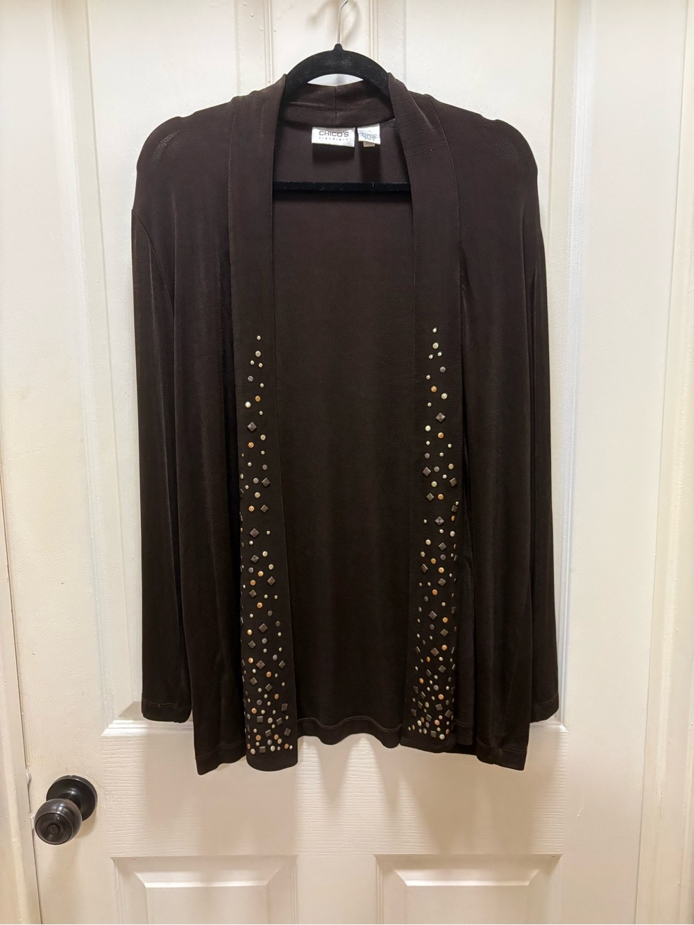 Chico's Travelers Collection Embellished Open Front Cardigan, Dark Brown, Large